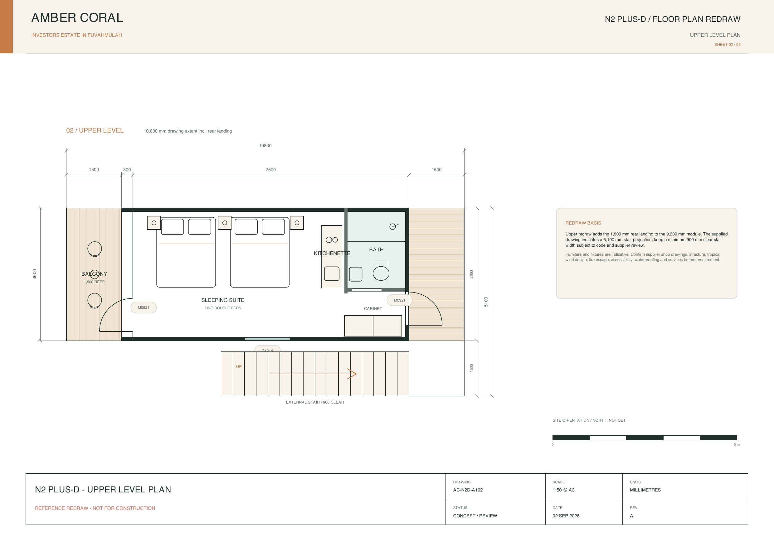 Amber Coral redraw of the dimensioned N2-plus-D upper-level plan and exterior stair