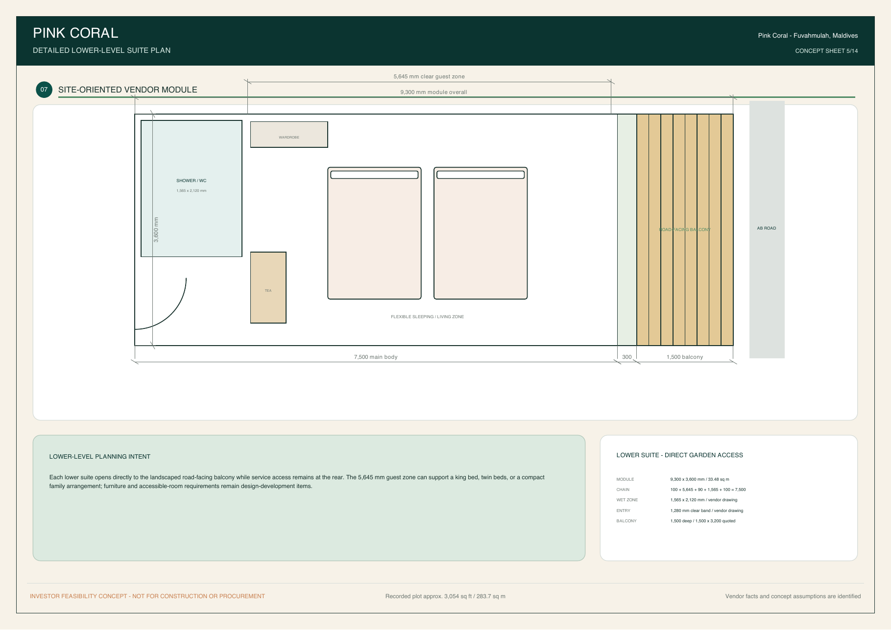 Amber Coral lower-level suite plan derived from the received N2-plus-D supplier drawing