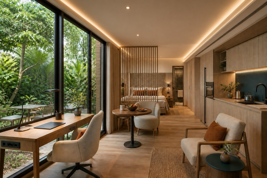 Lower Amber Coral suite with flat ceiling, work area and compact kitchen