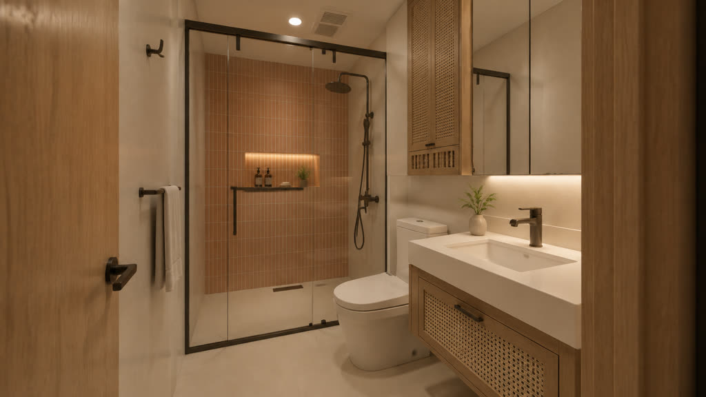 Amber Coral bathroom with coral-clay shower tiles, compact WC, floating oak vanity and dark-bronze fittings