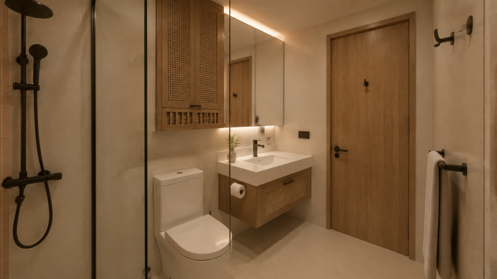 Amber Coral bathroom vanity detail with mirrored cabinet, woven-cane drawer and concealed service storage