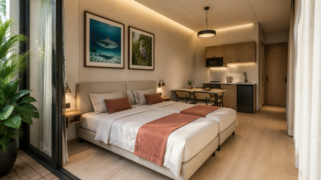 Amber Coral lower guest suite with twin-to-king beds, framed Tiger Shark and Grey Heron photography, dining table and kitchenette