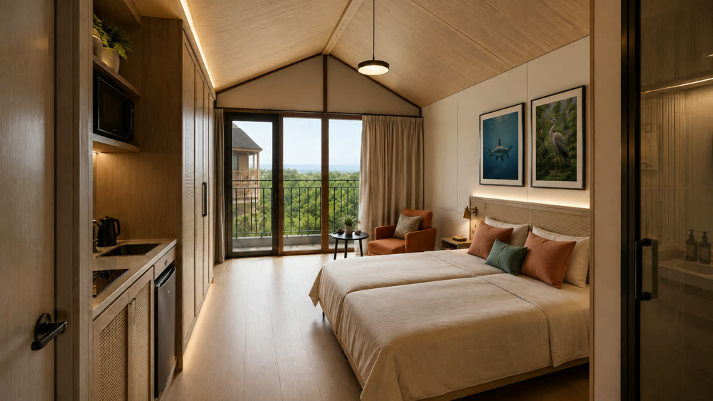 Upper suite with a timber-lined gabled ceiling, king-size sleeping arrangement and private balcony