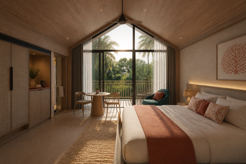 Upper Amber Coral suite with expressed gabled ceiling and private balcony
