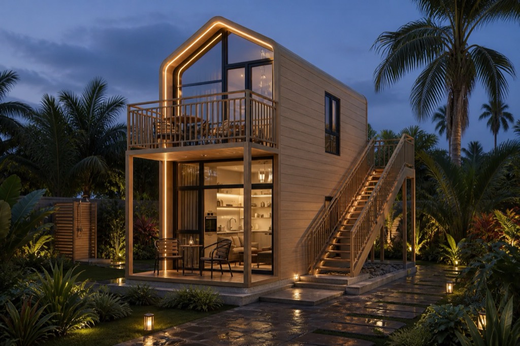 Amber Coral two-level gabled prefab villa with upper balcony and exterior stair at dusk