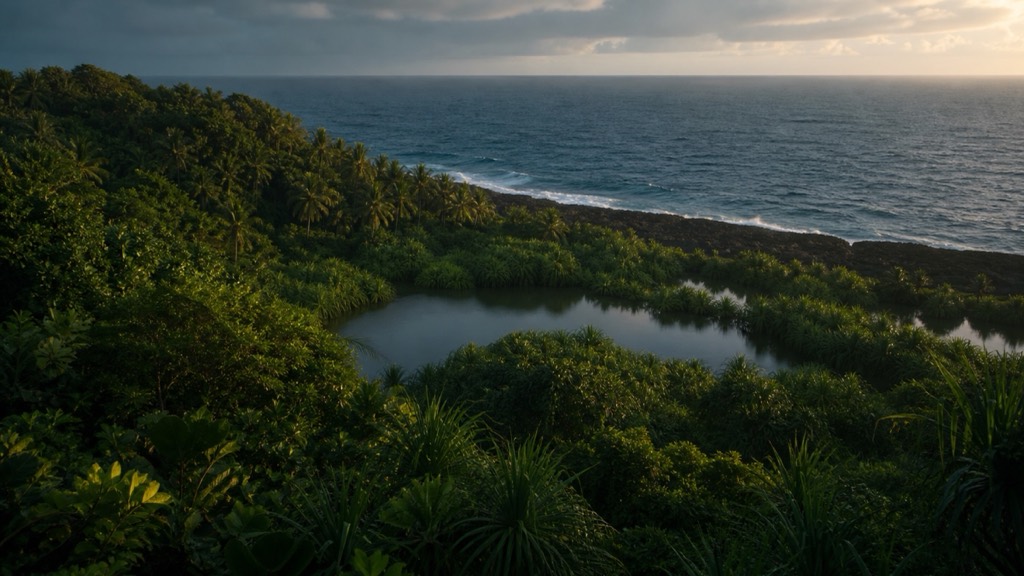 Conceptual panoramic study of Fuvahmulah's wetland vegetation and open-ocean edge