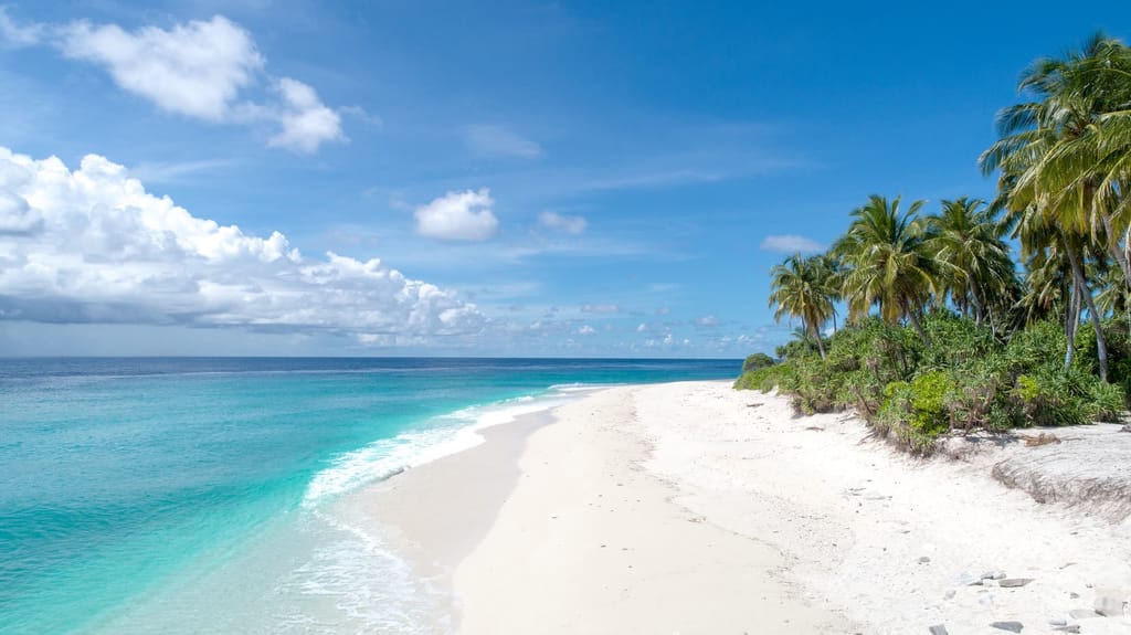 Thoondu beach with bright white sand, shallow turquoise water and palms