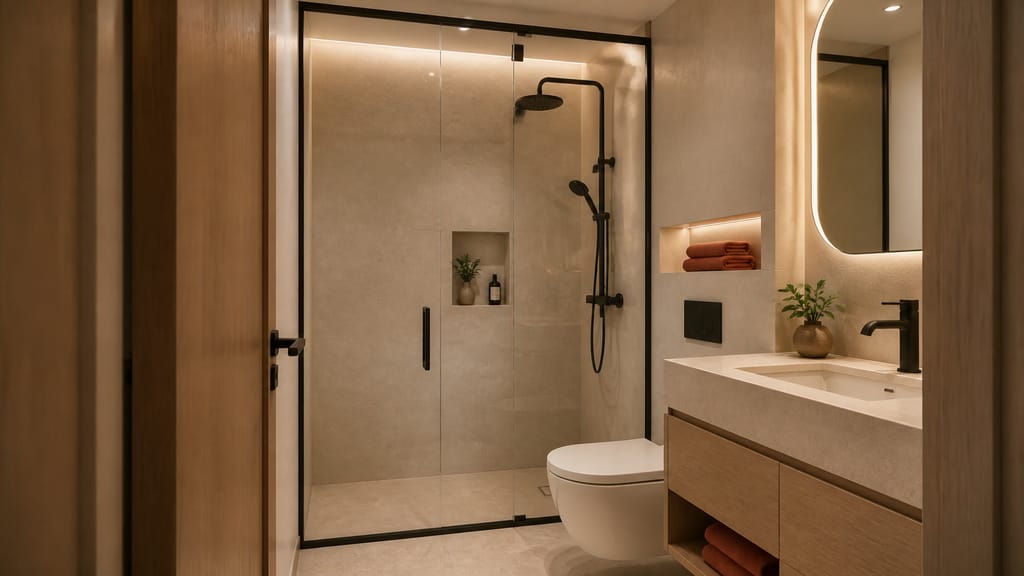 Compact ensuite with frameless glass shower, charcoal fittings, pale-oak vanity and warm sand walls