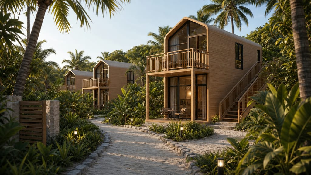 Coral-sand path through tropical planting to a rounded-gable timber villa