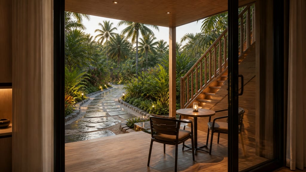 Glazed door opening onto a small covered timber terrace with table and chairs