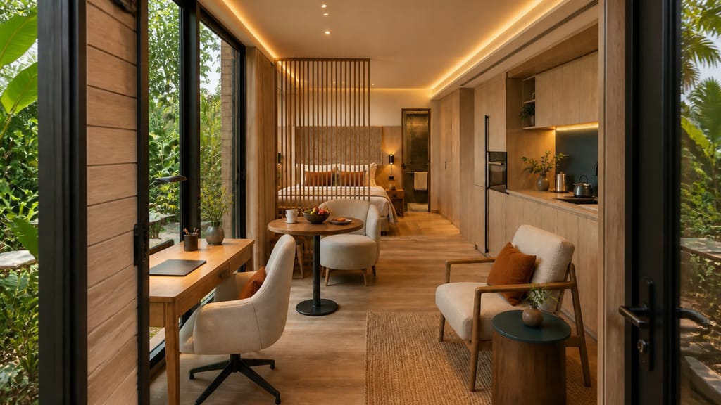 Compact lower suite with pale-oak kitchenette, workspace at the glazing and a bed behind a light timber screen