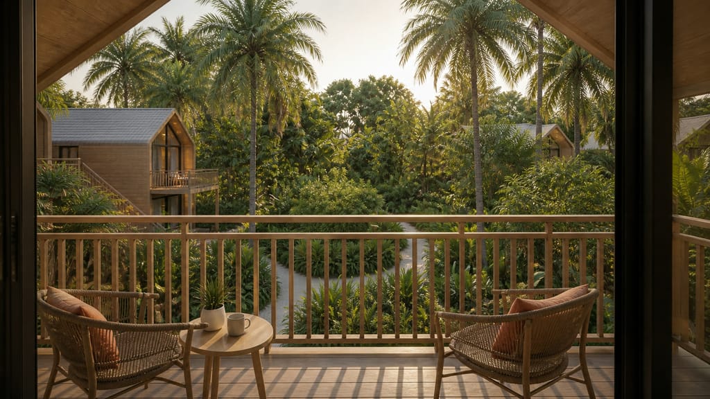 Timber balcony with two chairs overlooking dense palms
