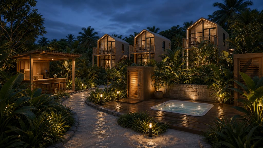 Shared garden at dusk with jacuzzi, sauna and coffee hut between the villas
