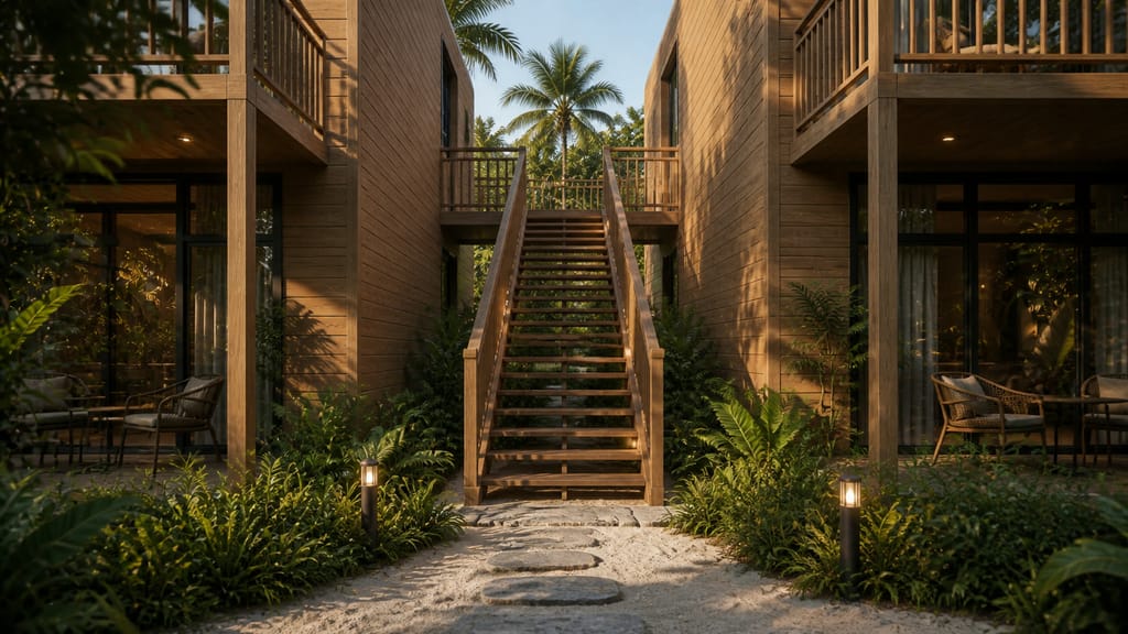 Lightweight timber stair between two villas rising to a shared landing