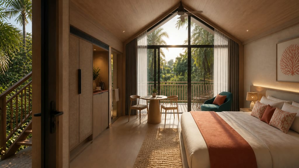 Upper suite under a gabled ceiling with a bed, small table and full-height glazing onto the balcony